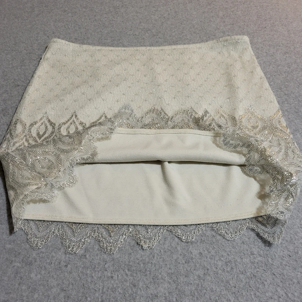 Free People Mini Lurex Skirt Sz 12 Ivory Silver Metallic Overlay Lace Glam Party